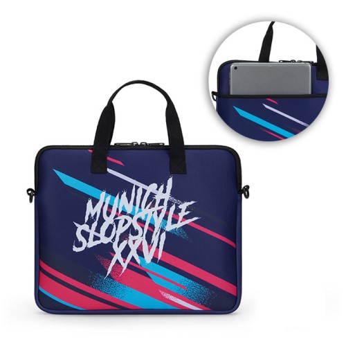 Szublimált, cipzáras neoprén laptop tok hátsó zsebbel.