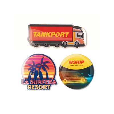 Egyedi formájú, rozsdamentes acél jelvény 4 szín kolor nyomtatással és műgyanta bevonattal