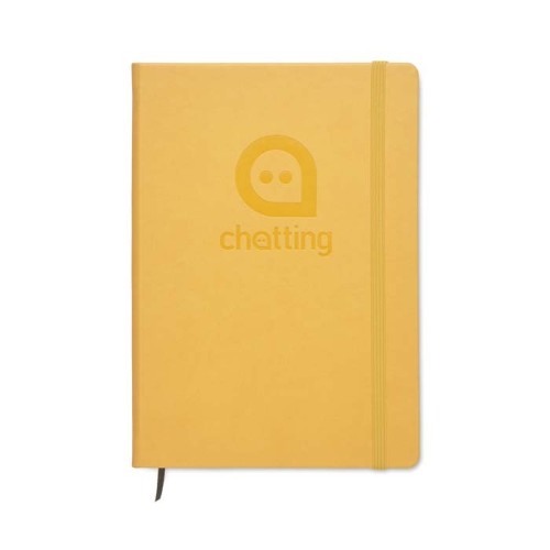 A5 méretű, keménytáblás, PU-bőr borítós jegyzetfüzet az Ön egyedi dizájnja szerint nyomtatott lapokkal.