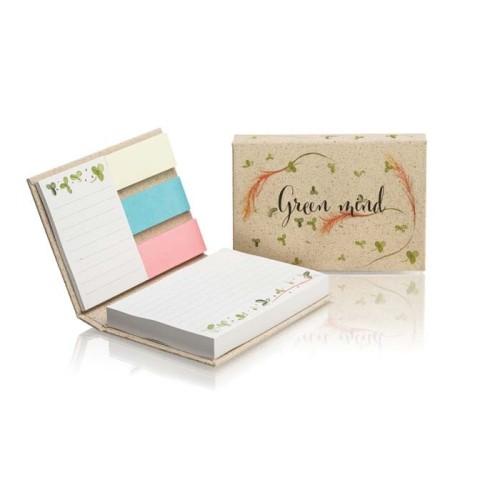 Kemény, fűpapír borítójú kombi jegyzettömb az Ön egyedi dizájnjával minden jegyzetelő lapon.