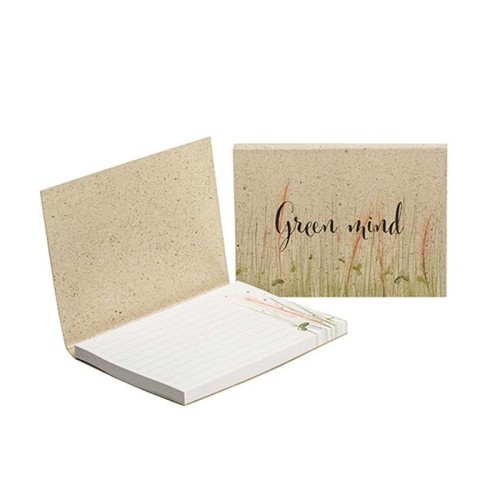 Puha fűpapír borítójú, öntapadós jegyzetelő újrahasznosított lapokkal (EU-ban gyártva)