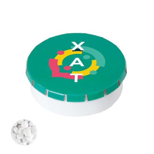 Műanyag doboz bádogfedéllel, mentolos cukorkával.