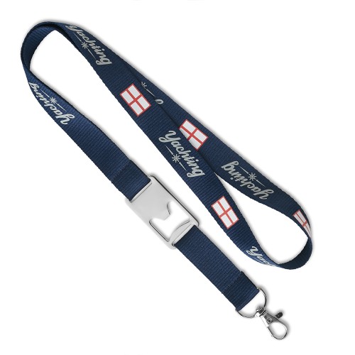 Poliészterből készült egyedi Pantone színű szitanyomott nyakpánt üvegnyitóval.