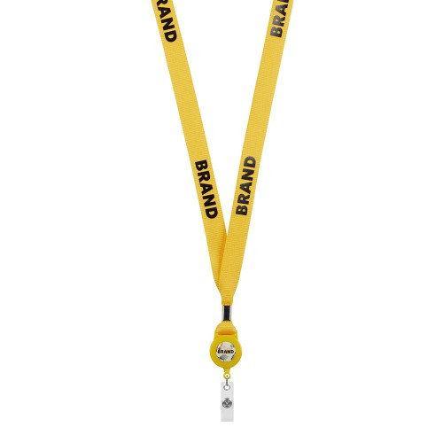 Szitanyomott poliészter nyakpánt fém zsinórzárral, kártyatartóval.