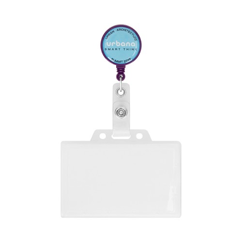 Kerek, visszahúzható kártyatartó Ø2,8 cm logóval.