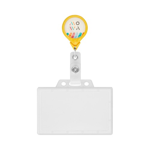 Csepp alakú, visszahúzható kártyatartó Ø2,5 cm logóval.