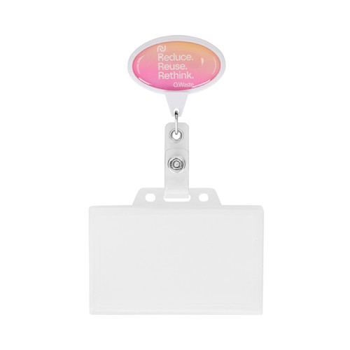 Ovális alakú, visszahúzható kártyatartó logóval.