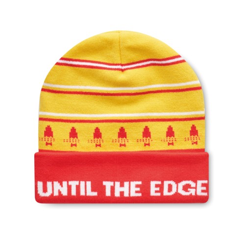 Egyedi mintás, RPET jacquard mandzsettás kötött sapka.