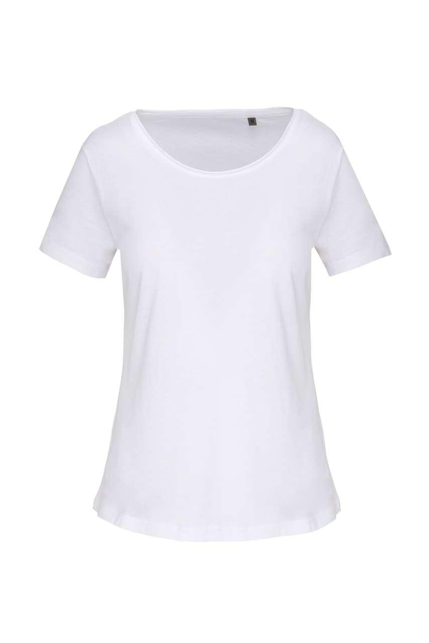 LADIES' SHORT-SLEEVED ORGANIC T-SHIRT WITH RAW EDGE NECKLINE